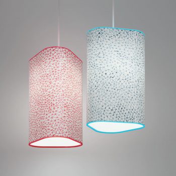 Custom Triangle Lite Pendants shown with modified Design Lumenate®. Complementary colored acrylic top and bottom rings are shown in red and blue.