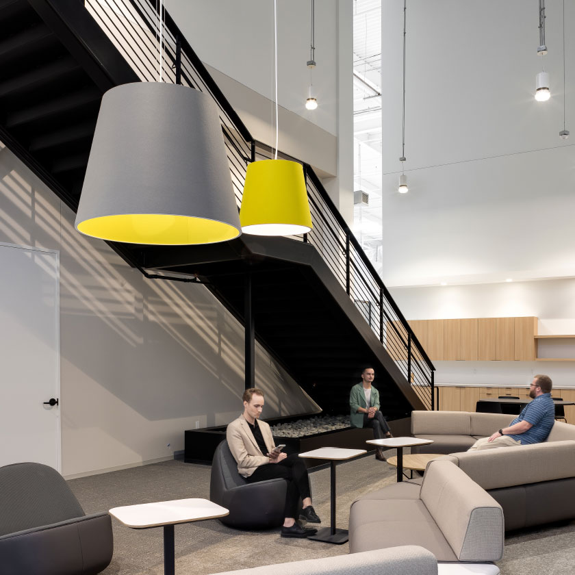 Lumetta's L2 Acoustic pendant lighting displayed in the sitting area of Arrowhead Pharmaceuticals