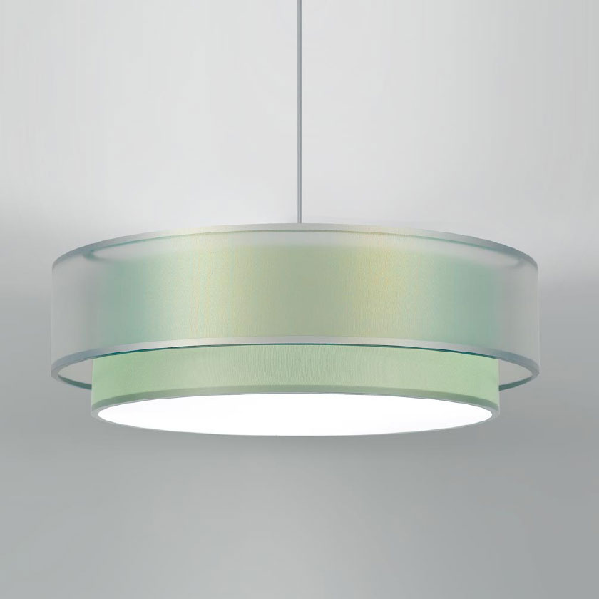 Lumetta's Custom Shadow Drum Pendant Light shown with Lumenate® inner shade and TransLumenate® exterior shade.